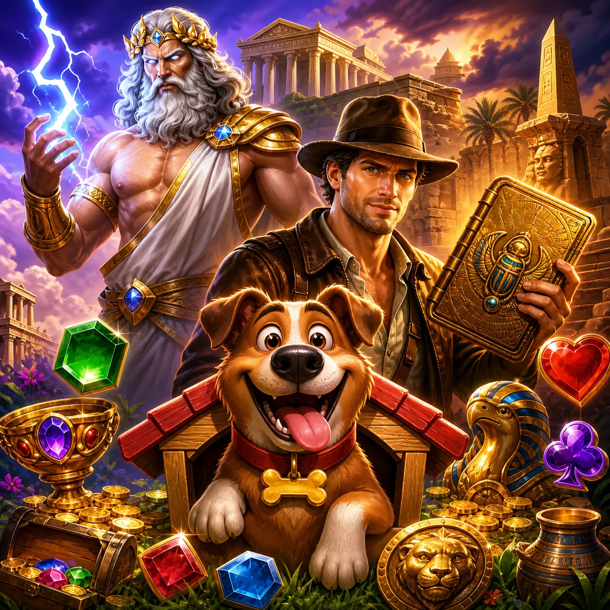Vibrant slot game artwork featuring mythical characters and fantasy landscapes.